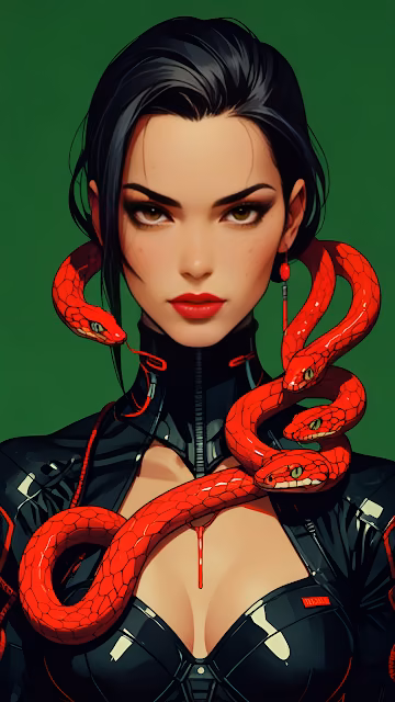 Femme Fatale Portrait Red Snakes Cyberpunk Fashion Art - Free 4K & 8K Mobile Wallpaper