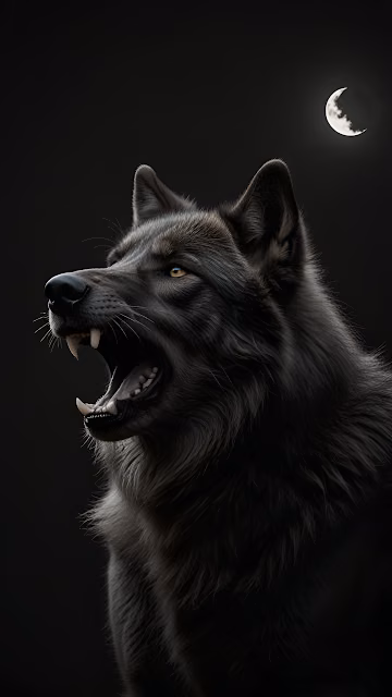 Ferocious Black Wolf Howling at Crescent Moon, Dramatic Portrait - Free 4K & 8K Mobile Wallpaper