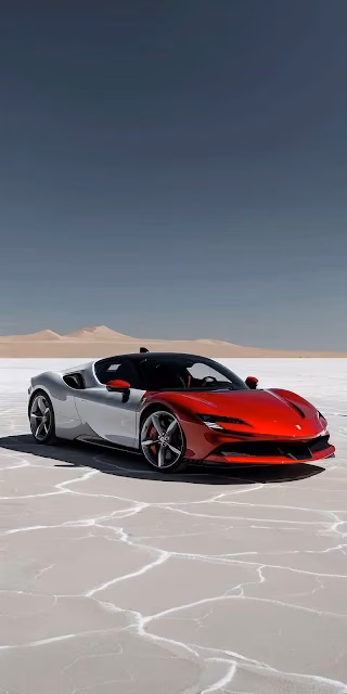 Ferrari SF90 Stradale on Salt Flats under Muted Sky - Free 4K & 8K Mobile Wallpaper