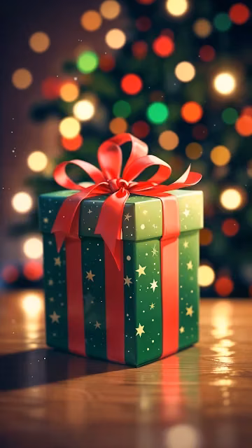 Festive Christmas Gift Box with Red Ribbon and Bokeh - Free 4K & 8K Mobile Wallpaper