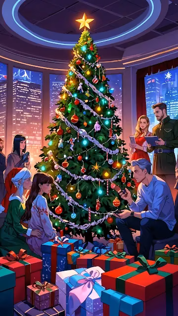 Festive Christmas Tree with Gifts and Friends in City Loft - Free 4K & 8K Mobile Wallpaper