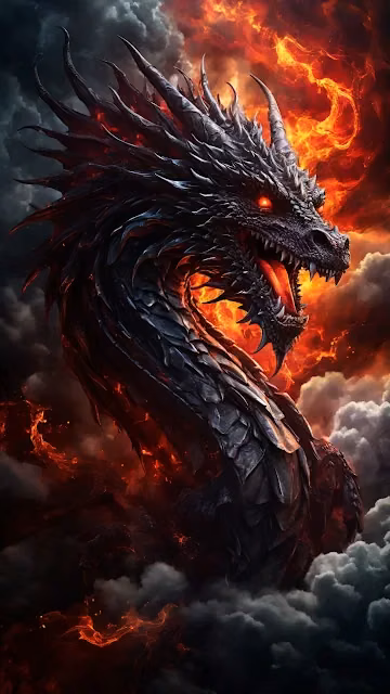 Fierce Black Dragon Roaring Amidst Fire Clouds - Free 4K & 8K Mobile Wallpaper