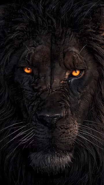 Fierce Black Lion Portrait with Glowing Orange Eyes - Free 4K & 8K Mobile Wallpaper