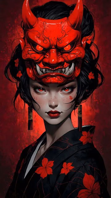 Fierce Oni Mask Geisha Portrait in Crimson and Black Art - Free 4K & 8K Mobile Wallpaper