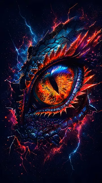 A glowing fiery dragon eye with detailed scales emits crackling red and blue lightning. Close-up of a glowing orange reptilian dragon eye surrounded by dark scales and lightning arcs.