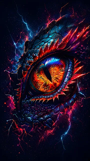 A glowing fiery dragon eye with detailed scales emits crackling red and blue lightning. Close-up of a glowing orange reptilian dragon eye surrounded by dark scales and lightning arcs.