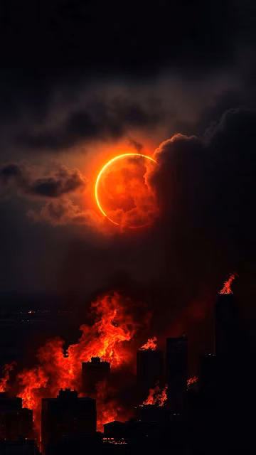 Fiery Eclipse Over Burning City Skyline - Free 4K & 8K Mobile Wallpaper