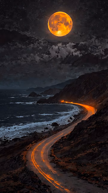 Fiery Orange Moon Over Winding Coastal Highway at Night - Free 4K & 8K Mobile Wallpaper