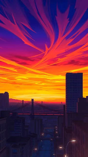 Fiery Sunset Over Urban Skyline and Suspension Bridge - Free 4K & 8K Mobile Wallpaper