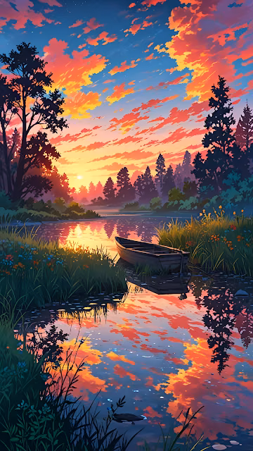 Fiery Sunset Reflection Over Tranquil Forest Lake - Free 4K & 8K Mobile Wallpaper