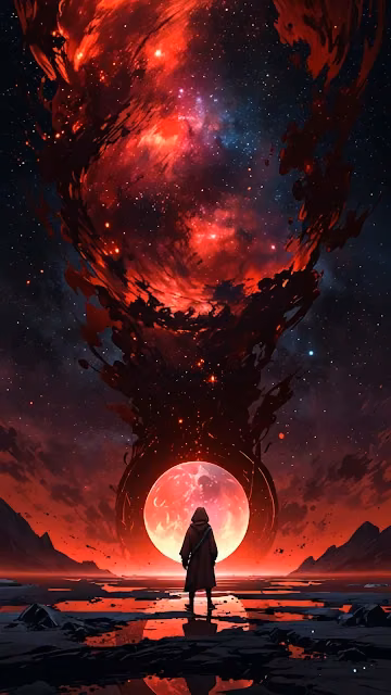 Figure Before Cosmic Vortex and Blood Moon - Free 4K & 8K Mobile Wallpaper