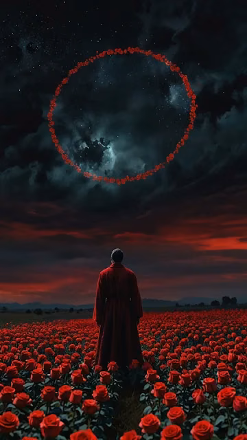 Figure in Red Robe Before Rose Ring in Night Sky - Free 4K & 8K Mobile Wallpaper