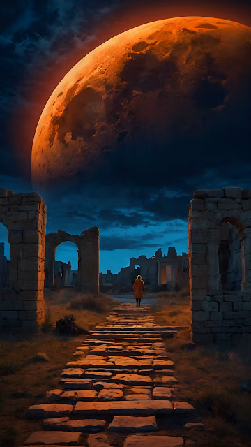 Figure Walking Through Ruins Under Giant Red Moon - Free 4K & 8K Mobile Wallpaper