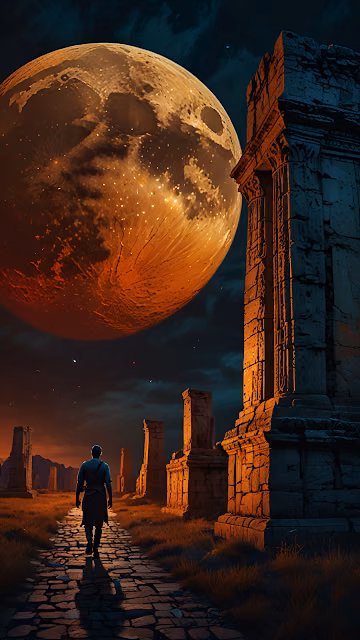Figure Walking Through Ruins Under Giant Orange Moon - Free 4K & 8K Mobile Wallpaper