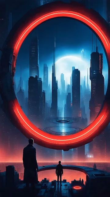 Figures Gaze at Neon City Through Red Portal - Free 4K & 8K Mobile Wallpaper