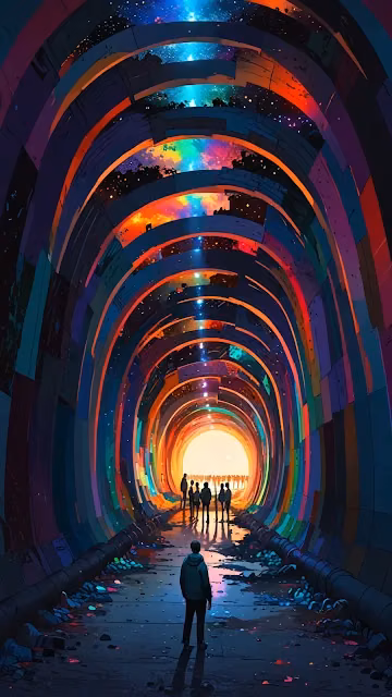 Figures walk through glowing rainbow tunnel toward cosmic light - Free 4K & 8K Mobile Wallpaper