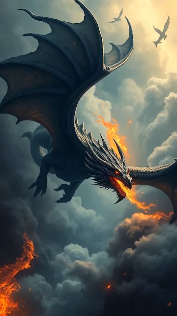 Fire breathing dragon soars through stormy sky with glowing eyes - Free 4K & 8K Mobile Wallpaper