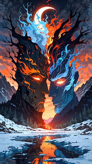 Fire and Ice Giants Facing Each Other Under Crescent Moon - Free 4K & 8K Mobile Wallpaper