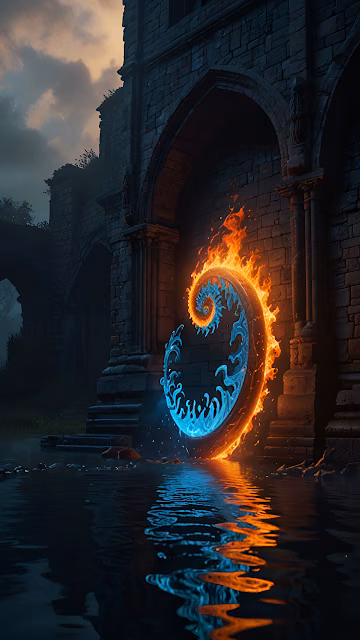 Fire Water Spiral Portal Ancient Ruins Fantasy Scene - Free 4K & 8K Mobile Wallpaper