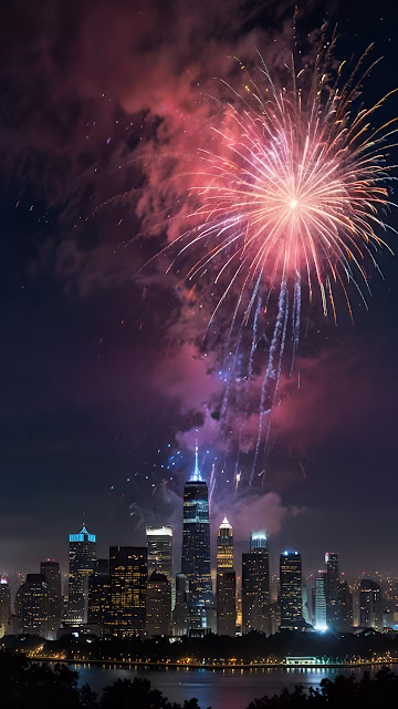 Fireworks Burst Over New York City Skyline at Night - Free 4K & 8K Mobile Wallpaper