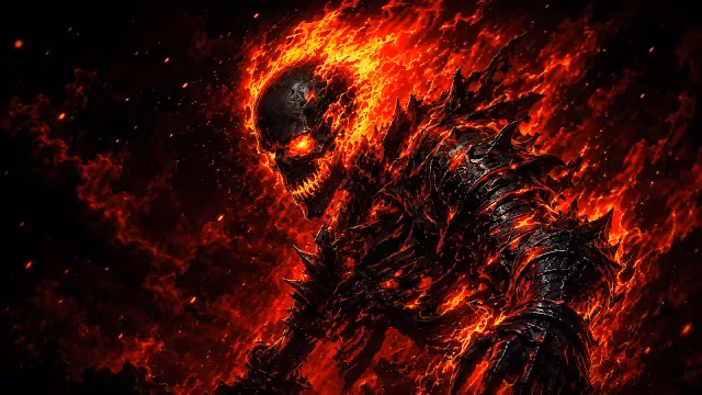 Armored demon with a skull head engulfed in bright orange flames and glowing molten lava cracks.
