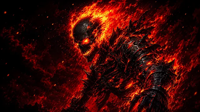 Demonic warrior with a flaming skull and spiked black armor illuminated by magma glow and embers. Armored demon with a skull head engulfed in bright orange flames and glowing molten lava cracks.
