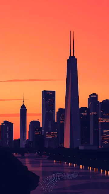 Flat Design City Skyline at Orange Sunset - Free 4K & 8K Mobile Wallpaper