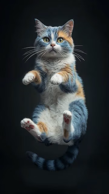 Floating Calico Cat with Striped Tail Against Dark Background - Free 4K & 8K Mobile Wallpaper