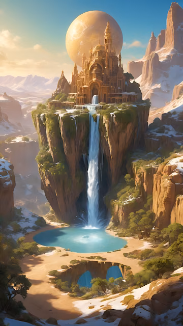 Floating Castle on Cliff with Waterfall Under Giant Moon - Free 4K & 8K Mobile Wallpaper