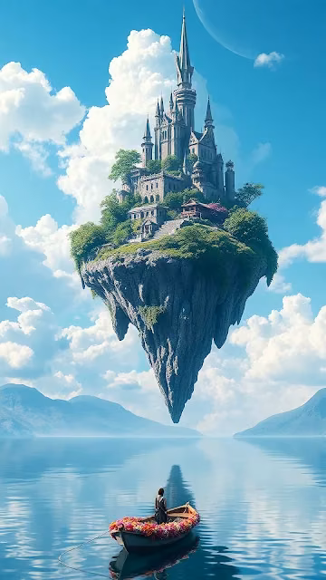 Floating Castle Island Above Serene Lake - Free 4K & 8K Mobile Wallpaper