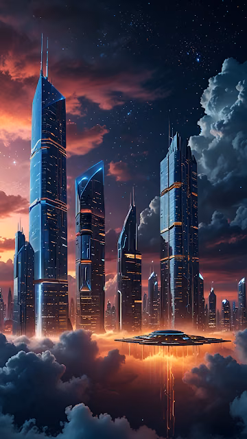Floating City Skyscrapers Above Clouds at Sunset - Free 4K & 8K Mobile Wallpaper