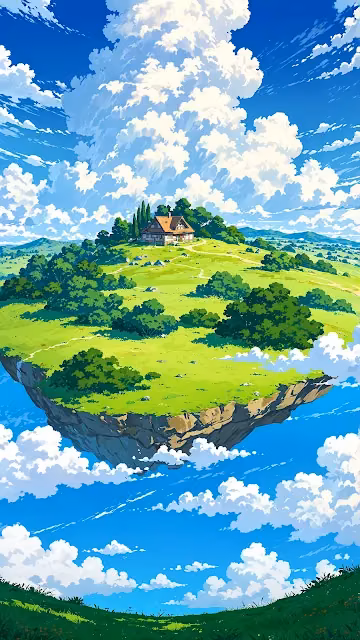 Floating Island with Cozy House in Sky - Free 4K & 8K Mobile Wallpaper
