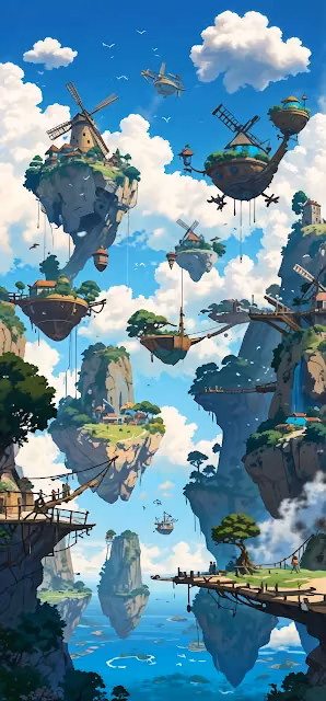 Floating Islands with Windmills in Sky Kingdom - Free 4K & 8K Mobile Wallpaper