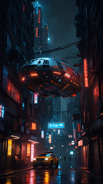 Floating Spaceship Hovering Over Neon-Lit Rainy City Street - Free 4K & 8K Mobile Wallpaper