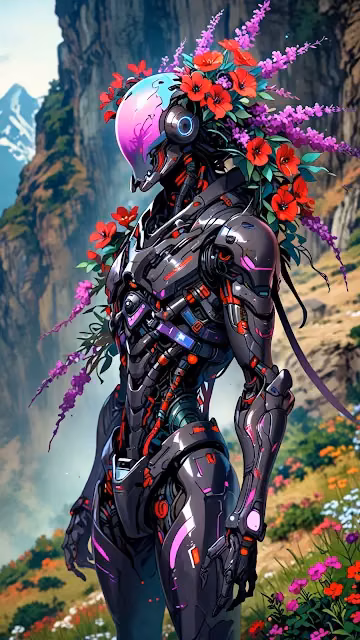 Floral Cyborg Standing in Mountainous Meadow - Free 4K & 8K Mobile Wallpaper