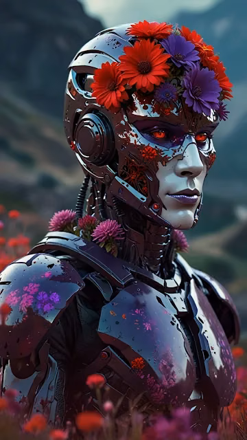 Floral Robot Amidst Blooming Wildflower Field - Free 4K & 8K Mobile Wallpaper