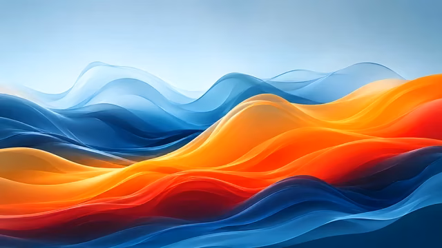 Layered orange, red and blue waves flowing beneath a pale blue sky.