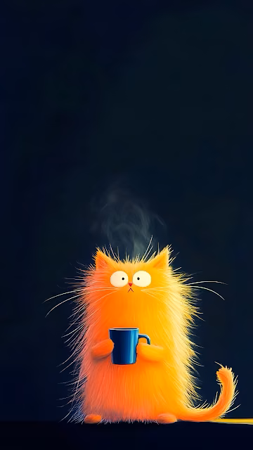 Fluffy Orange Cat Holding Steaming Coffee Mug Cartoon Illustration - Free 4K & 8K Mobile Wallpaper