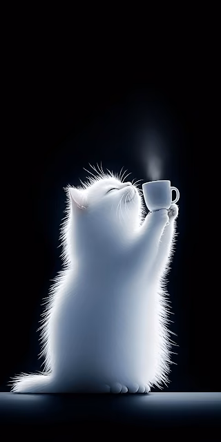 Fluffy White Cat Sipping from Steaming Mug in Darkness - Free 4K & 8K Mobile Wallpaper
