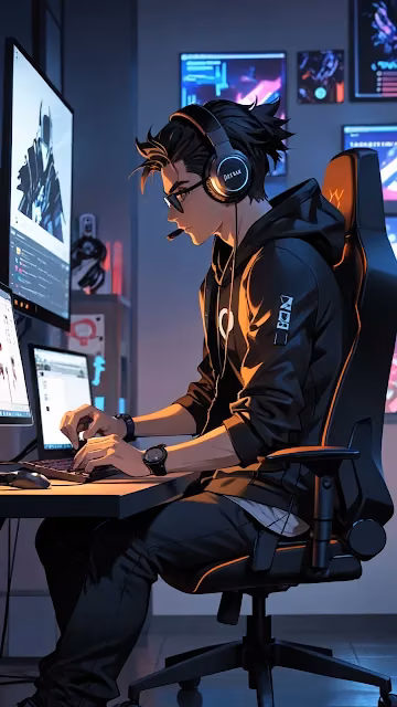 Focused Anime Gamer in Gaming Chair at Night - Free 4K & 8K Mobile Wallpaper