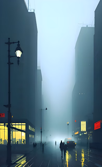 Foggy City Street with Glowing Lamppost and Silhouetted Figures - Free 4K & 8K Mobile Wallpaper
