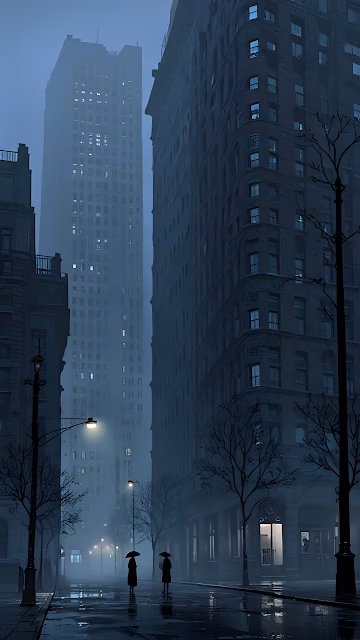 Foggy City Street with Silhouetted Walkers and Streetlamps - Free 4K & 8K Mobile Wallpaper