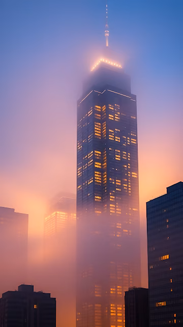 Foggy Skyscraper Glowing at Sunset in Urban Skyline - Free 4K & 8K Mobile Wallpaper