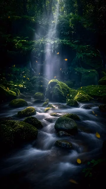 Sunlight beams pierce a dense dark forest canopy onto a flowing river and moss-covered boulders. Sunlight rays illuminating a dark jungle stream flowing over moss-covered stones.