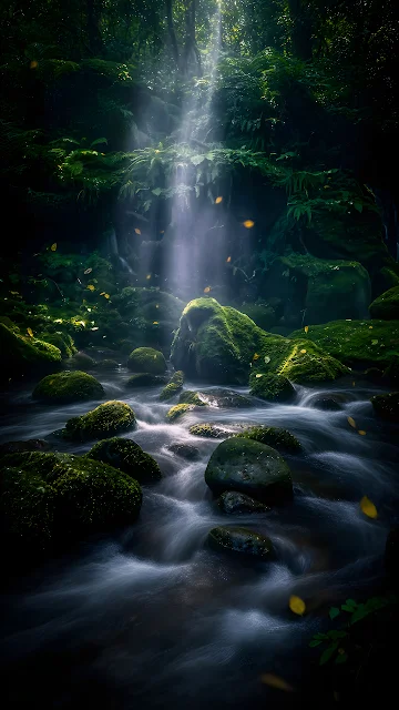 Sunlight beams pierce a dense dark forest canopy onto a flowing river and moss-covered boulders. Sunlight rays illuminating a dark jungle stream flowing over moss-covered stones.