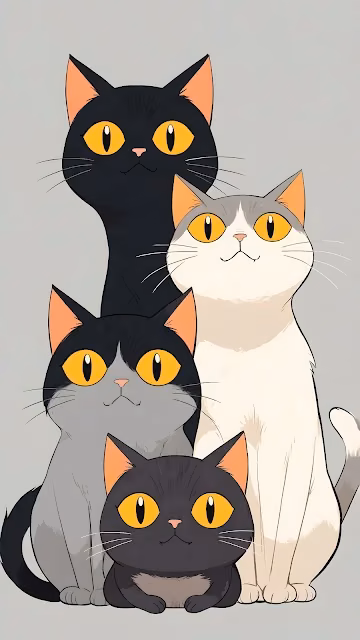 Four Adorable Animated Cat Group Illustration with Big Yellow Eyes - Free 4K & 8K Mobile Wallpaper