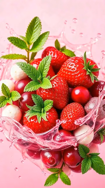 Fresh Strawberries and Mint in Pink Splash - Free 4K & 8K Mobile Wallpaper