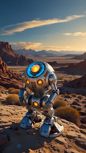 Friendly Robot Exploring Desert Canyon at Sunset - Free 4K & 8K Mobile Wallpaper