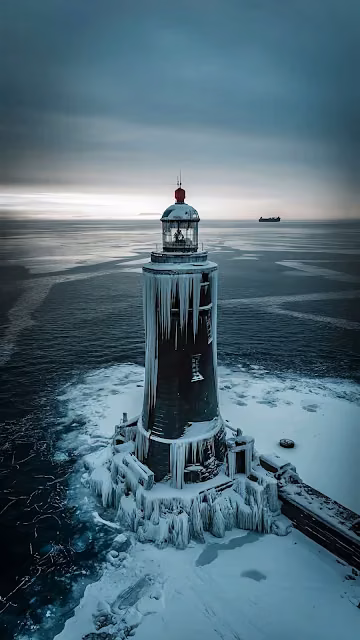 Frozen Lighthouse Covered in Icicles on Arctic Coast - Free 4K & 8K Mobile Wallpaper