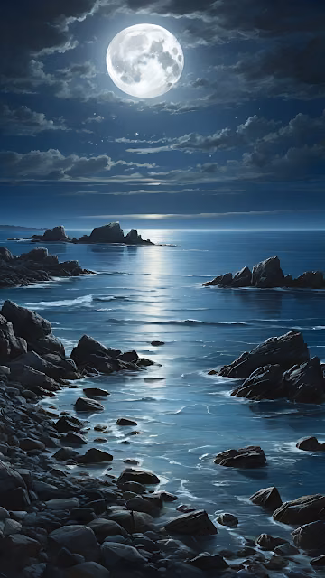 Full Moon Night Seascape Rocky Shore Moonlight Path - Free 4K & 8K Mobile Wallpaper